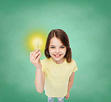 电,教育,人,概念,微笑,小女孩,拿着,电灯泡