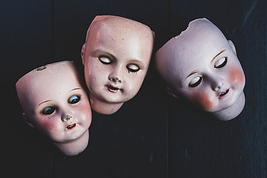 特写,三个,瓷器,娃娃,头部,黑色背景,背景