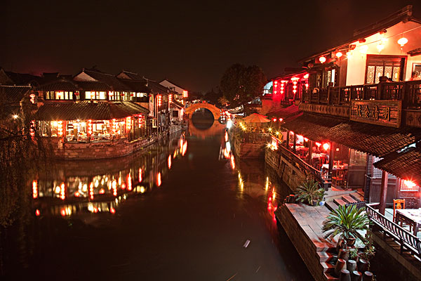 餐馆,运河,夜晚,老城,西塘,浙江,中国