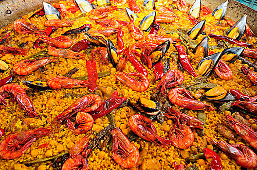 拌饭,米饭,盘子,豆,胡椒,贻贝,对虾,白色海岸,西班牙,欧洲