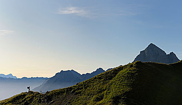 登山者,正面,山脊,早晨,亮光,提洛尔,奥地利,欧洲