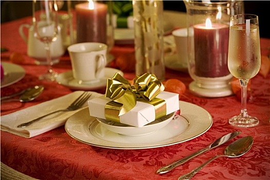 优雅,圣诞桌,布置,红色,金色,礼物