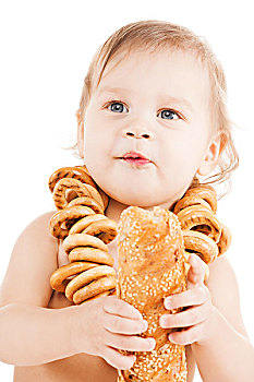 孩子,概念,可爱,吃饭,长,面包