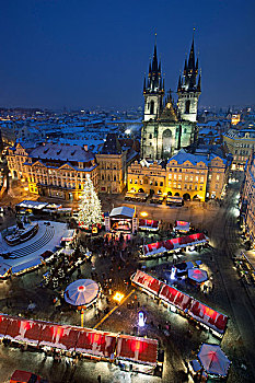 捷克共和国,波希米亚,布拉格,俯视,钟楼,圣诞市场,老城广场,泰恩教堂