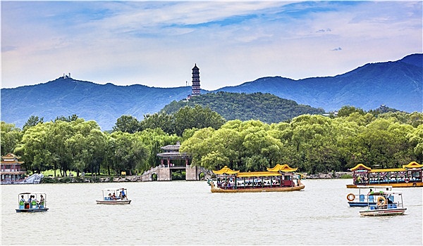 塔,湖,船,颐和园,北京,中国