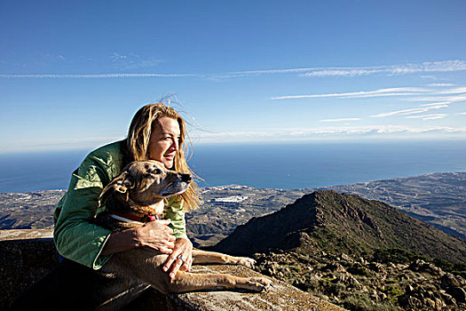 成年,女人,狗,向外看,俯视图,靠近,海岸,西班牙