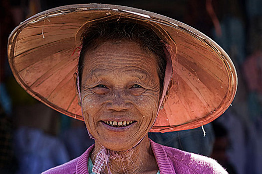 女人,草帽,微笑,头像,茵莱湖,掸邦,缅甸,亚洲