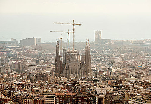 朦胧,城市,风景,神圣家族教堂,建筑起重机,巴塞罗那,西班牙