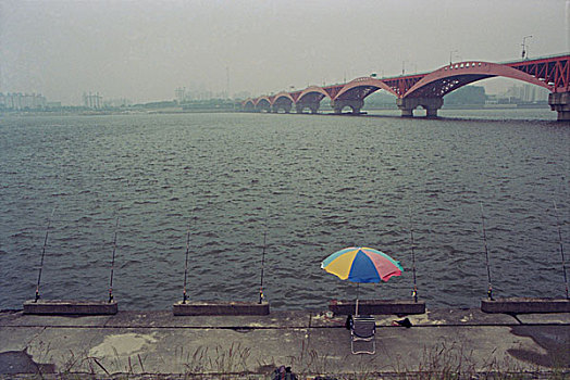 彩色,伞,河,桥,背景,雾状,天空,首尔,韩国