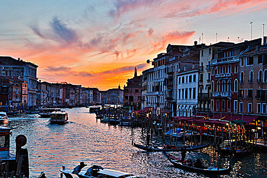 日落,小船,船,大运河,威尼斯,意大利