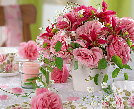 粉色,玫瑰,铁线莲,花,丝石竹属植物