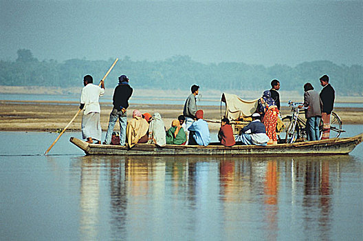 村民,穿过,河,孟加拉,一月,2007年