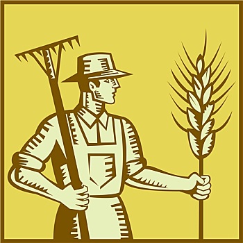 农民,耙子,小麦,木刻