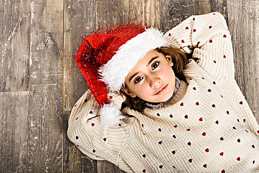 可爱,小女孩,戴着,圣诞帽,卧,木地板,冬服,圣诞节