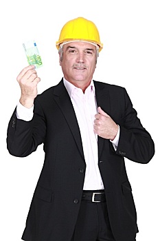 商务人士,安全帽,拿着,100欧元,钞票