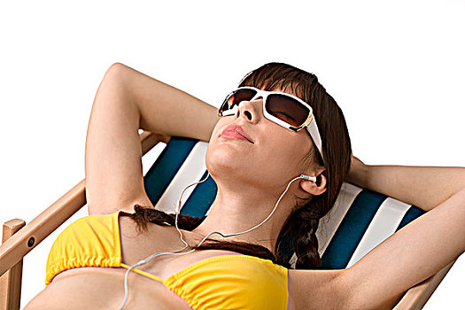 海滩,女人,耳塞,墨镜,放松,比基尼,听,音乐