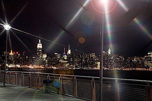曼哈顿,天际线,散步场所,夜晚,纽约,美国