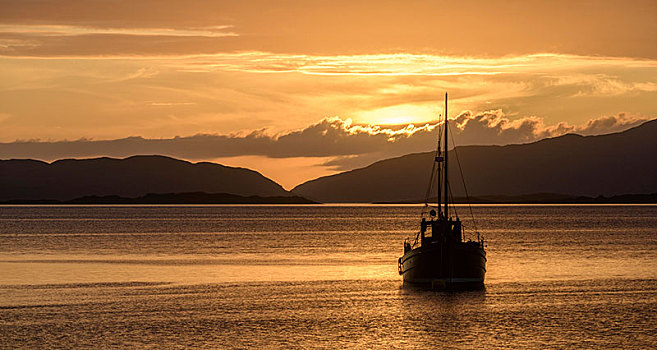 日落,上方,海洋,木船,苏格兰,英国