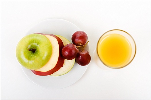 苹果,葡萄,盘子,玻璃,橙汁