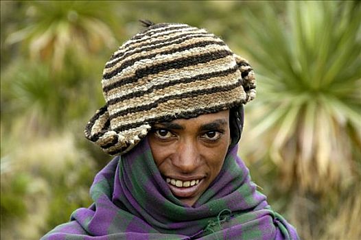 男青年,微笑,下方,帽,肖像,山峦,埃塞俄比亚,非洲