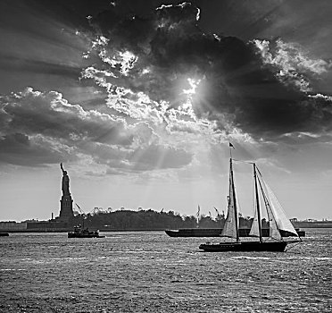 纽约,帆船,日落,自由女神像,曼哈顿,美国