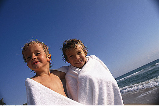 孩子,毛巾,海滩
