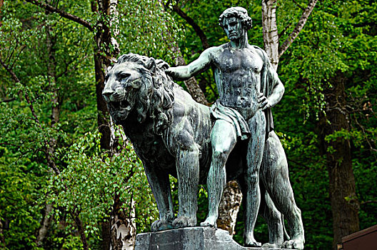 狮子,男人,雕塑,入口,纽伦堡,动物园,蒂尔加滕,中弗兰肯,德国,巴伐利亚,欧洲