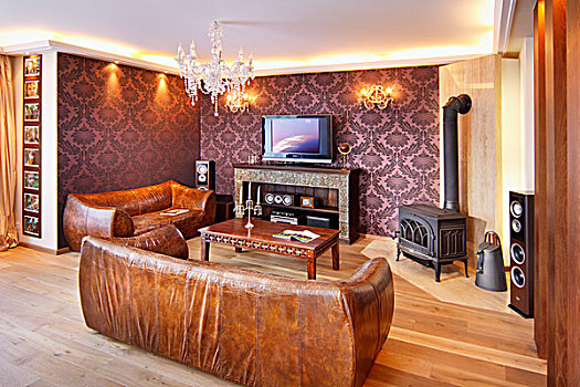 褐色,旧式,皮沙发,传统,客厅,墙壁,装饰,图案,紫色背景