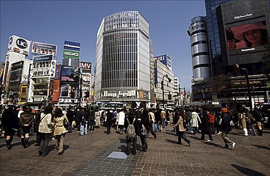 人群,走,正面,建筑,城市,涩谷,东京,日本
