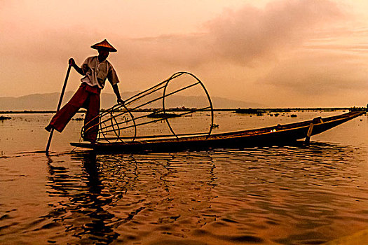日出,渔民,工作,腿,划船,茵莱湖,缅甸