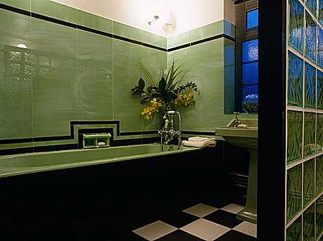 浴缸,现代,绿色,砖瓦,浴室,玻璃,砖