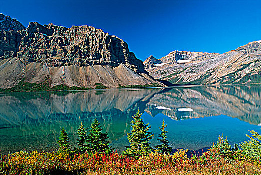 秋色,弓湖,毛茛属植物,山,班芙国家公园,艾伯塔省,加拿大