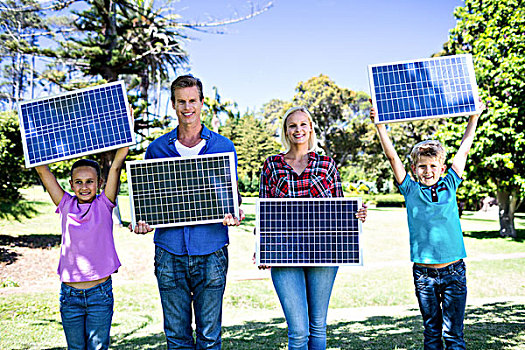 家庭,拿着,太阳能电池板,头像,公园