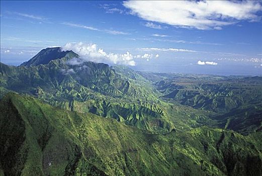 夏威夷,考艾岛,俯视,景色,茂密,山峦,山谷,脊,高原