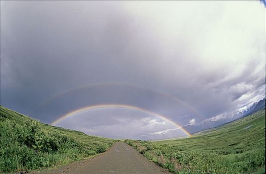 一对,彩虹,上方,土路,德纳里国家公园,阿拉斯加,夏天