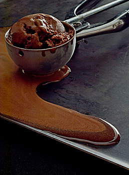 冰淇淋球,金属表面,舀具,巧克力冰淇淋,融化