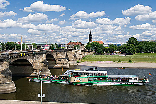 旅游,蒸汽船,河,奥古斯都,桥,风景,德累斯顿,萨克森,德国,欧洲