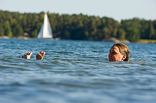 女人,游泳,海中,瑞典