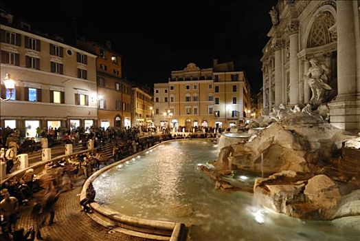 喷泉,夜晚,罗马,意大利,侧面