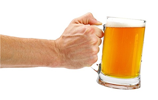 手,拿着,玻璃杯,啤酒,隔绝,白色背景