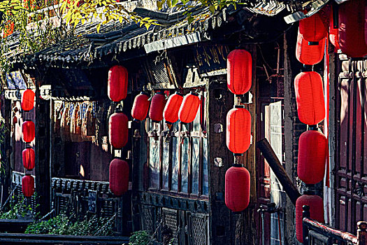红色,纸灯笼,悬挂,传统,中国,建筑,丽江,云南