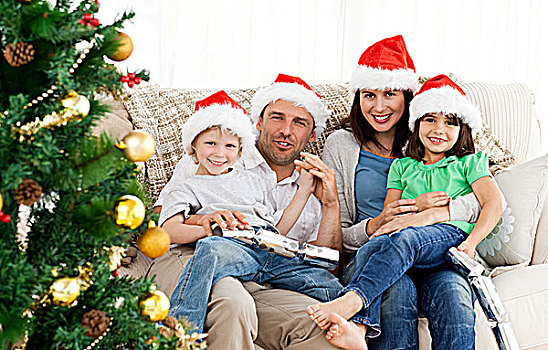 肖像,家庭,圣诞节,沙发
