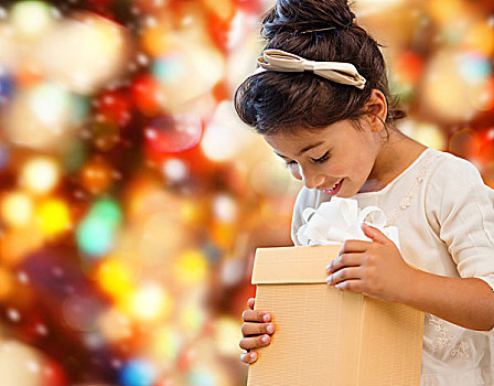 休假,礼物,圣诞节,孩子,人,概念,微笑,小女孩,礼盒,上方,红灯,背景