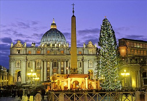 圣彼得大教堂,方尖塔,基督降生场景,圣诞树,圣彼得广场,梵蒂冈城,罗马,意大利,欧洲