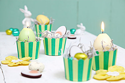 复活节,安放,黄色,绿色,蜡烛,甜食,条纹,松饼杯