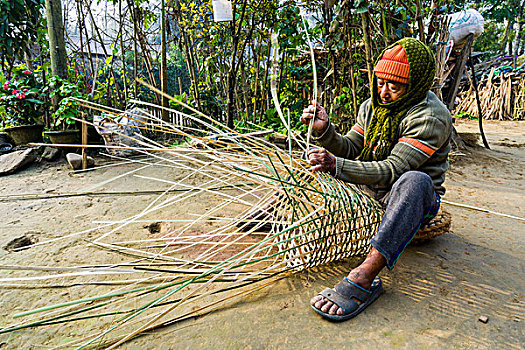 一个,男人,编织,竹篮,奇旺,尼泊尔,亚洲