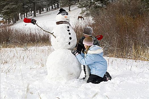 女孩,兄弟,建筑,雪人