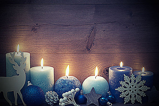 旧式,圣诞贺卡,蓝色,蜡烛,驯鹿,球,夜晚
