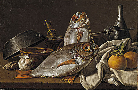 静物,铜盆鱼,橘子,蒜,厨具,艺术家