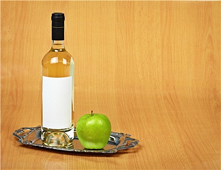 静物,瓶子,白葡萄酒,青苹果